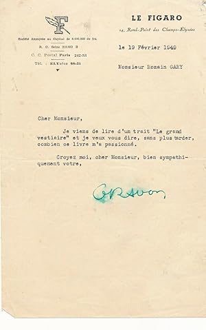 Lettre tapuscrite signée adressée à Romain GARY d’un journaliste du Figaro