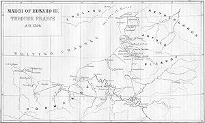 MAP OF THE MARCH OF EDWARD III THROUGH FRANCE ABOUT 1346, ca. 1870s Wood Engraving