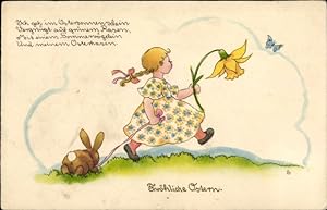 Künstler Ansichtskarte / Postkarte Fröhliche Ostern, Kind mit Osterhase an der Leine