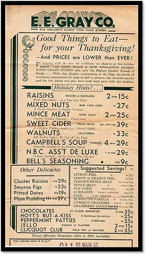 Handbill Grocery Flyer Advertising for E. E. Gray Co Specials for Thanksgiving. 1920s