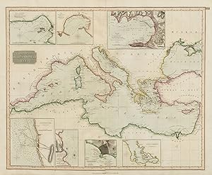 Chart of the Mediterranean Sea. Bay & roads of Marseilles. The harbour of Genoa. Plan of the Rock...