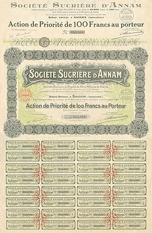 Société Sucrière d'Annam. Action de priorité de 100 Francs au Porteur