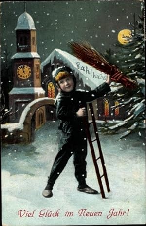 Ansichtskarte / Postkarte Glückwunsch Neujahr, Schornsteinfeger im Schneefall