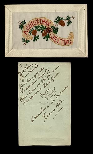 [WW I] 1917 Hand-Embroidered Christmas Greeting Postcard from a Soldier "Somewhere in France"