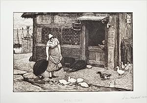 MEAL-TIME Feeding ducks, R.W.Macbeth, original etching antique print 1880