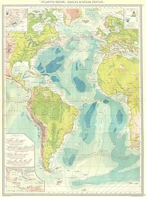 Atlantic ocean: Cables and Ocean depths; Inset maps of Spring Rise of the Tides; The West Indies ...