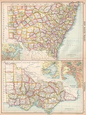 New South Wales; Victoria; Inset maps of Sydney; Port Phillip; Melbourne