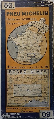Ancienne Carte Michelin N° 80 : Rodez - Nîmes. Carte au 200.000e.