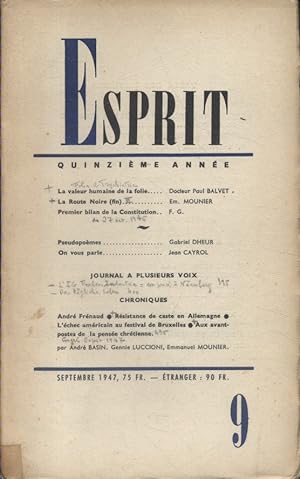 Revue Esprit. 1947, numéro 9. Dr Paul Balvet, Emmanuel Mounier, Gabriel Dheur, Jean Cayrol Septe...
