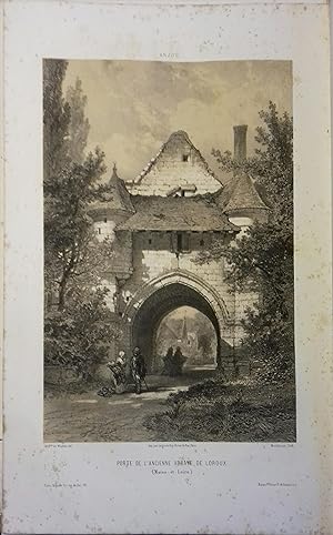L'abbaye du Loroux (Maine-et-Loire). Lithographie de A. Mouilleron : Porte de l'ancienne abbaye d...