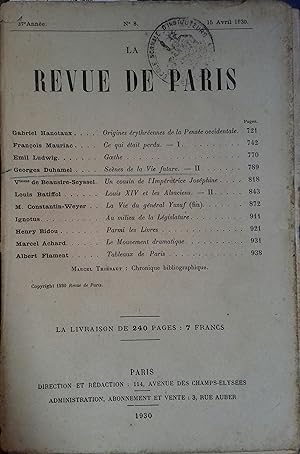 La revue de Paris. N° 8 - 15 avril 1930. Bimensuel. 15 avril 1930.