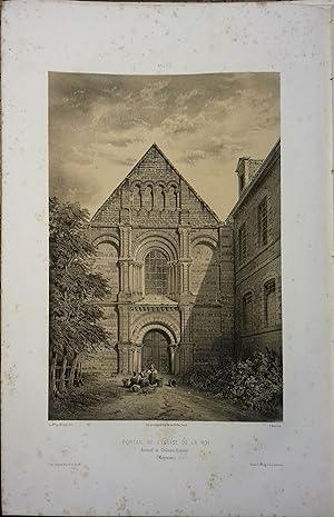 La Roë (Mayenne) Lithographie de V. Petit : Portail de l'église de La Roë (Mayenne), d'après le B...