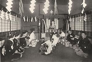 A Modern Shinto marriage service performed in a house - In the alcove is erected an altar with of...