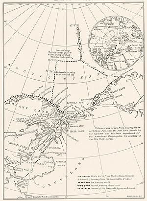 Polar Research; Map showing route and journeys of Com. Robert E. Peary in the Roosevelt in his la...