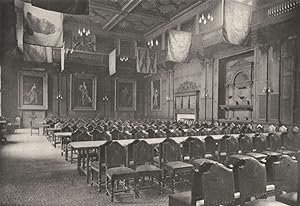 Flag-Hung great hall in which the powerful company of Grocers holds its Banquets