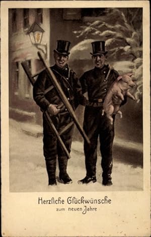 Ansichtskarte / Postkarte Glückwunsch Neujahr, Schornsteinfeger, Schwein, Leiter