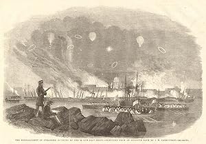 The bombardment of Sveaborg - burning of the 60 gun-boat sheds - sketched from an opposite rock b...