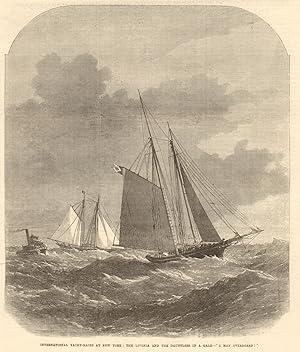 International yacht-races at New York: the Livonia and the Dauntless in a gale - ''a man overboar...