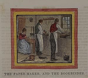 The Paper-Maker, and the Bookbinder. Altkolorierter Holzschnitt um 1845, 7 x 8 cm