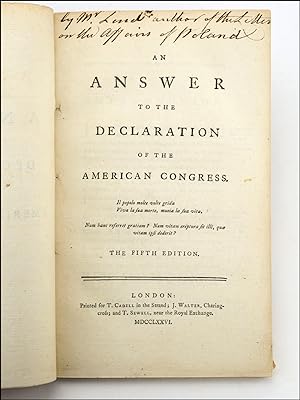 An Answer to the Declaration of the American Congress . . . The Fifth Edition.