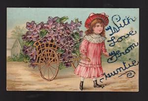 Girl with Flower Cart Embossed Glitter Auntie Postcard