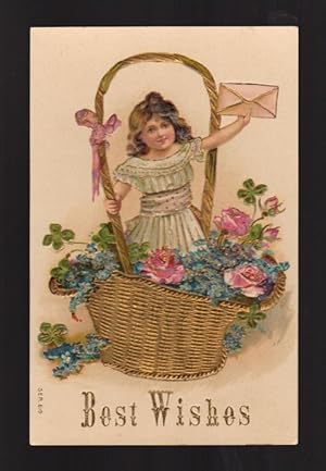 Girl in Flower Basket Embossed Postcard