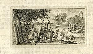 Antique Print-VIGNETTE-COW-CATTLE-MILKING-FARM-CHURCH-Buffon-de Bakker-1773