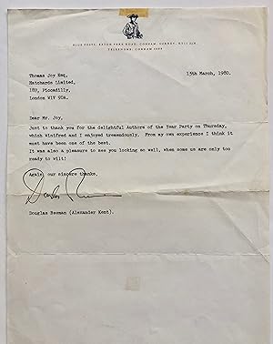 Typed letter signed from novelist Douglas Reeman (pen name: Alexander Kent) to Thomas Joy, managi...