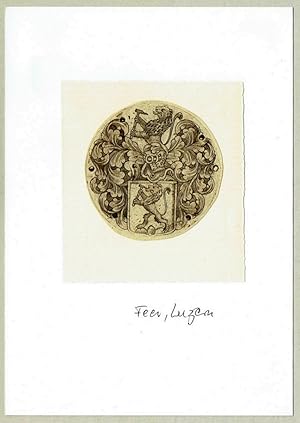 [Exlibris Feer, Luzern]. Wappenschild mit aufrechtem Löwen, einen Hammer tragend; darüber Helm mi...