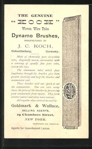 Ansichtskarte The Genuine Koch Woven Wire Tube Dynamo Brushes, Reklame für Goldmark, Wallace