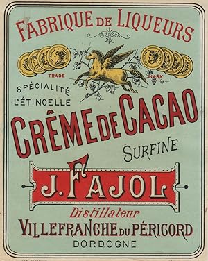 "CRÊME de CACAO / J. FAJOL Villefranche" Etiquette-chromo originale (entre 1890 et 1900)