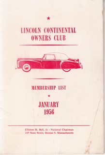 Lincoln Continental Owners Club, Membership List, January, 1956