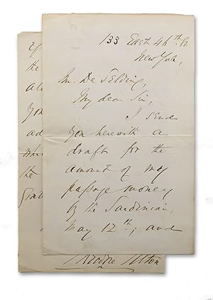 Autograph note in ink, boldly signed by Tilton, to a Mr. De Selding concerning Tilton's passage t...