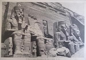 Holzstich - Ansichten die Fassade des großen Höhlentempels zu Abu Simbil in Nubien. / Inneres ein...