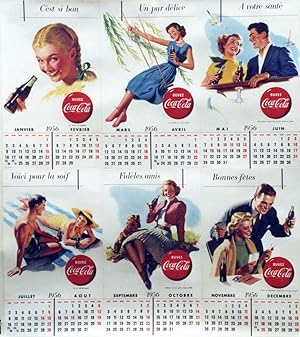 "COCA-COLA" Calendrier 1956 complet rassemblé en affiche par entoilage / Offset BRUCHET et VANDEN...