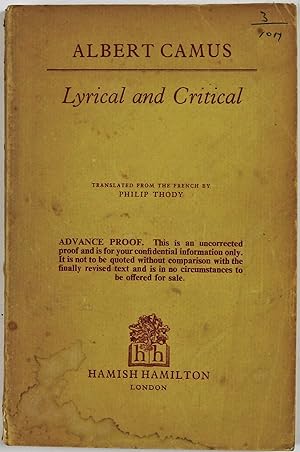 Lyrical and Critical Uncorrected Advance Proof Copy Hamish Hamilton 1966