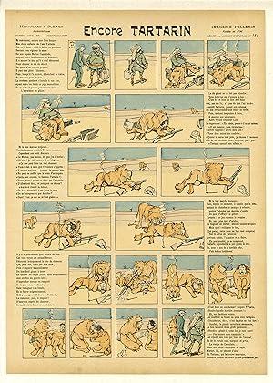 "ENCORE TARTARIN" Imagerie Pellerin n° 185 originale entoilée / Gravure sur bois et coloriée au p...