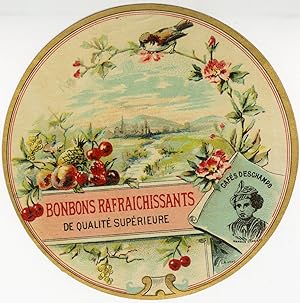 "BONBONS RAFRAICHISSANTS (CAFÉS DESCHAMPS)" Etiquette-chromo originale (entre 1890 et 1900)