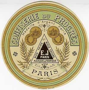 "CONFISERIE DU PROGRÈS E.J. PARIS" Etiquette-chromo originale (entre 1890 et 1900)