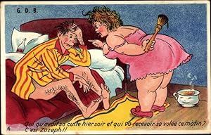 Künstler Ansichtskarte / Postkarte Frau in Unterwäsche schimpft mit betrunkenem Mann, Nachttopf