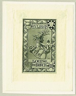 Ex Libris Louise von Borck. Eignerwappen. Rahmung mit Eichenlaub und vier kleinen Wappenschildern.