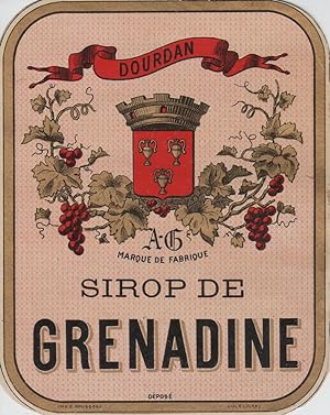 "SIROP DE GRENADINE A.G. DOURDAN" Etiquette-chromo originale (entre 1890 et 1900)