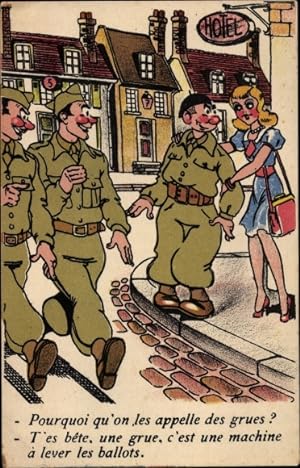 Ansichtskarte / Postkarte Soldaten, Hotel, Abschied, Frau, Pourquoi qu'on les appelle des grues?