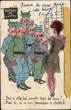 Ansichtskarte / Postkarte Bureau de l'Hotel, Attraktive Frau und begeisterte Männer