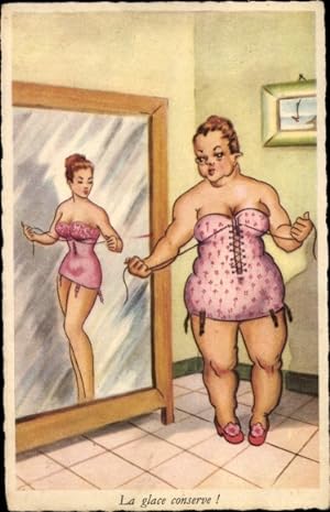 Ansichtskarte / Postkarte Junge Frau träumt von schlanker Figur, Spiegelbild