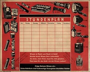 Stundenplan Reklame Zeiler Fabrikate, Taschenlampen, Fahrradlampen, Dynamo, Batterien um 1930/40