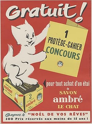 "SAVON LE CHAT AMBRÉ" Affiche originale entoilée / Litho PUBLI-SERVICE Paris (années 50)