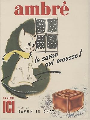"SAVON LE CHAT AMBRÉ" Affiche originale entoilée / Litho PUBLI-SERVICE Paris (1959)