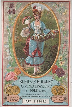 "BLEU de E. BILLEY DÔLE (A LA BOUQUETIÈRE)" Etiquette-chromo originale (entre 1890 et 1900)