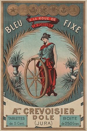 "BLEU A LA ROUE DE LA FORTUNE / CREVOISIER" Etiquette-chromo originale (entre 1890 et 1900)